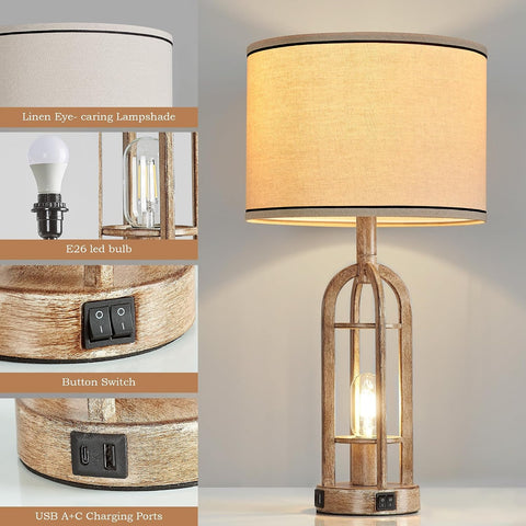 SRJJA 24" Farmhouse Table Lamps for Living Room Bedroom Set of 2, USB A+C