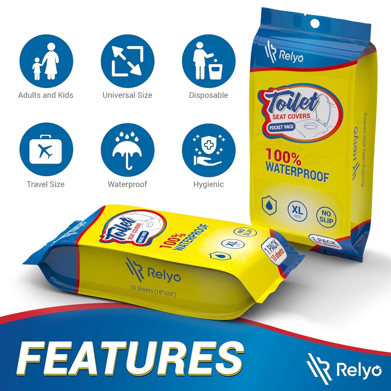 Relyo 20 Pack XL Disposable Toilet Seat Covers – Waterproof Toilet Cover Sheets with Adhesive Tabs for Adults, Kids & Toddlers, Travel, Public Restrooms, Airplane, Camping