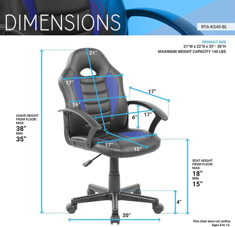 Techni Mobili Kids Gaming Chair, Racing Style Desk Chair, Adjustable, Blue