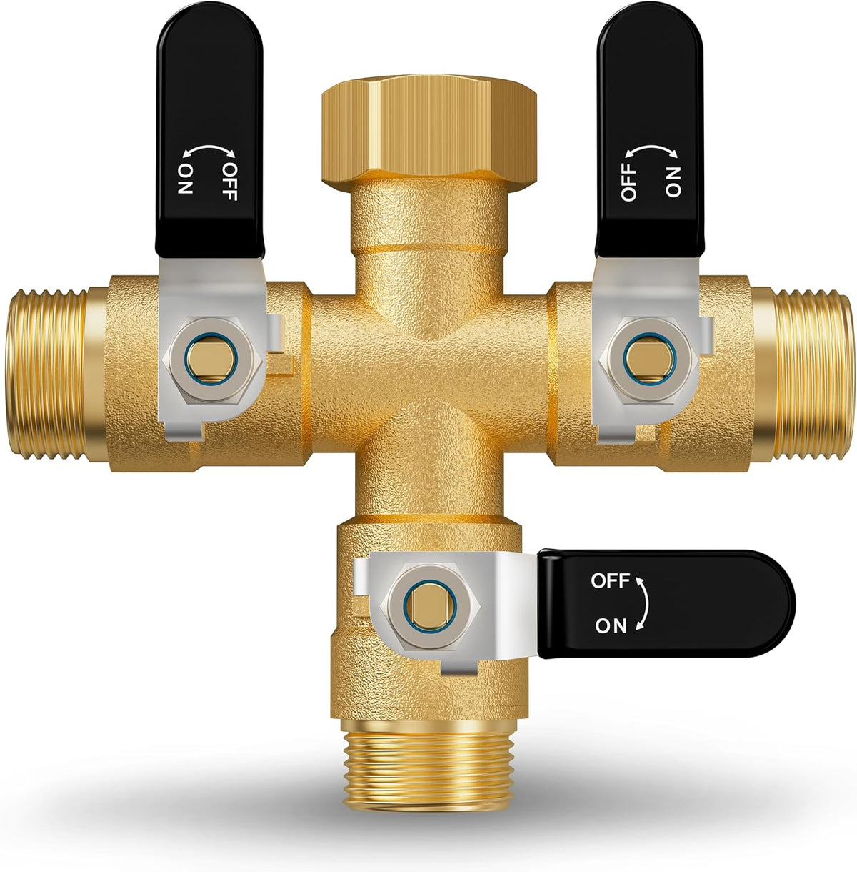 Garden Hose Splitter, 3 Way Heavy Duty Brass hose splitter, Water Hose Bib Spigot Splitter with 0.59" Full Flow Ball Valve Outlet & Shut-Off Valve 3/4'' Connector Outdoor Water Faucet Adapter
