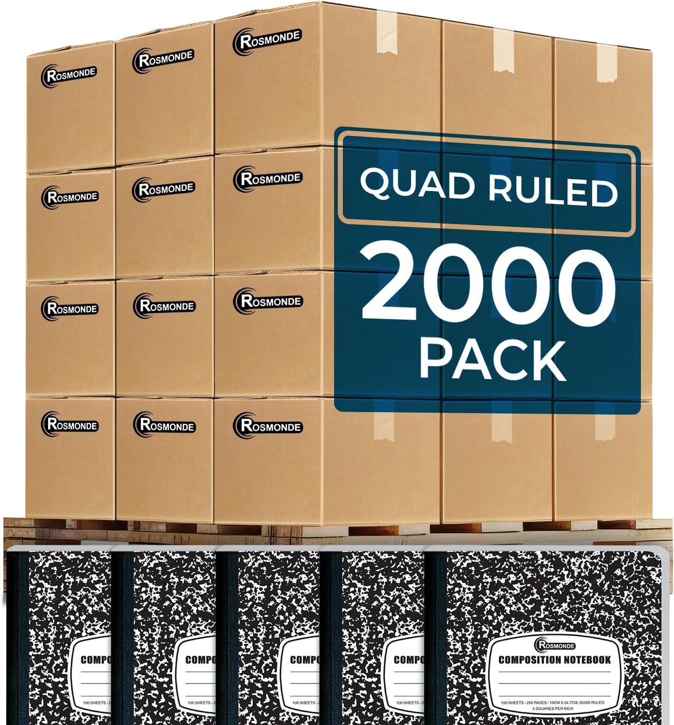 Rosmonde 2000 Pack Composition Notebooks Bulk, Quad Ruled, Black Marble