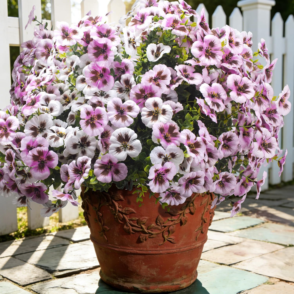 Grunyia Artificial Flowers 16Pcs Realistic Fake Pansy Silk Flowers UV Resistant for Outdoors, Lifelike Faux Pansies for Planters, Window Boxes, Spring Home Decor (White & Pink)