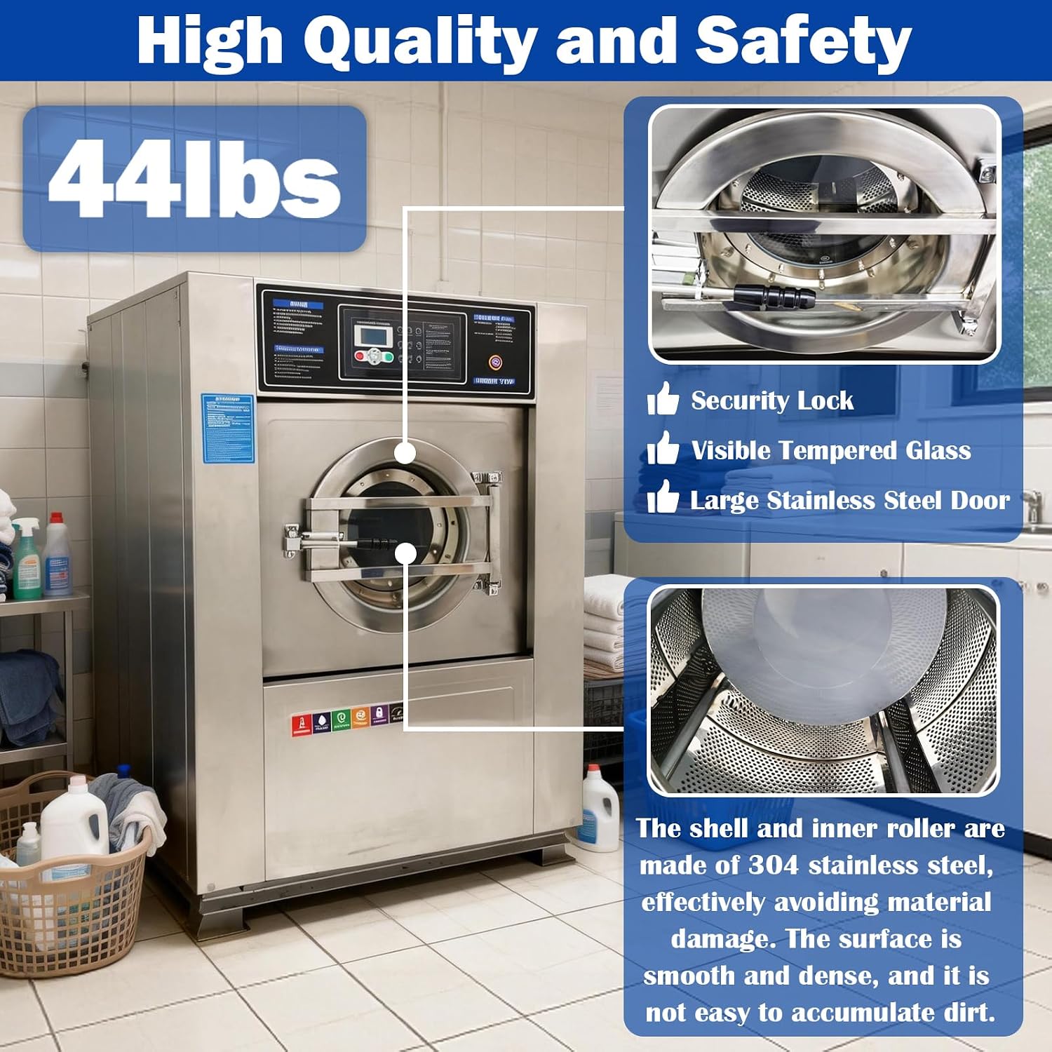 TECHTONGDA Commercial Washer and Dryer Industrial Washing Machine for Laundry Washing Dehydrating Drying 3-in-1 Commercial Washer Machine 44LBS Capacity for Workshop/Hospital/Hotel 220V 3PH