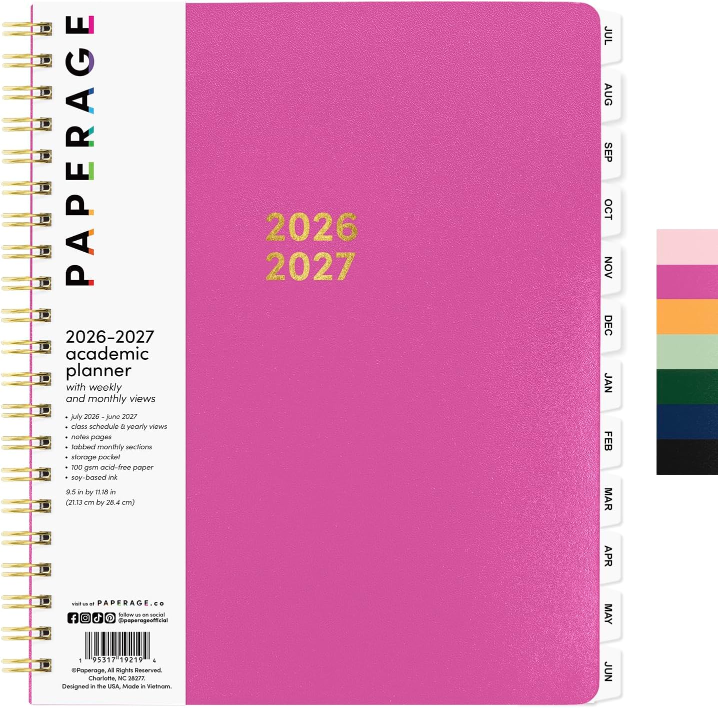 PAPERAGE Academic Planner, Weekly & Monthly Planner & Calendar, 12-Months, July 2026 - June 2027, (9.5" x 11"), School & Student Planning Agenda with Tabs, Bonus Pages & Inner Pocket, Raspberry