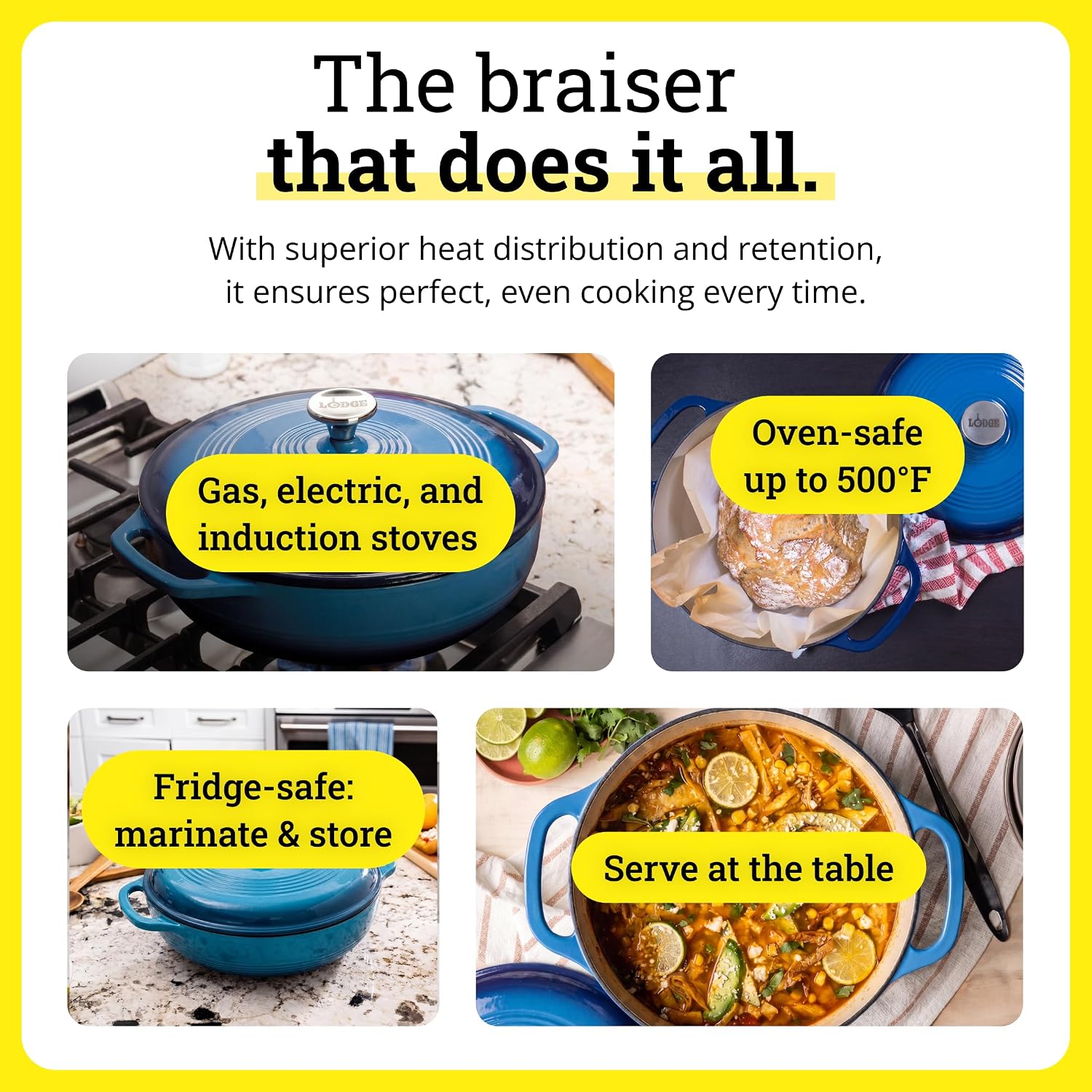 Lodge Essential Enamel Cast Iron Braiser, 3.6 Quart, Caribbean Blue