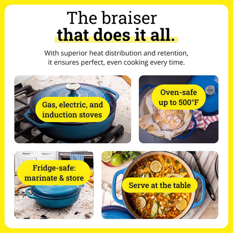 Lodge Essential Enamel Cast Iron Braiser, 3.6 Quart, Caribbean Blue