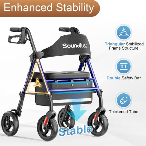 soundfuse Foldable Rollator Walkers for Seniors with 16" Ergonomic Arc Seat