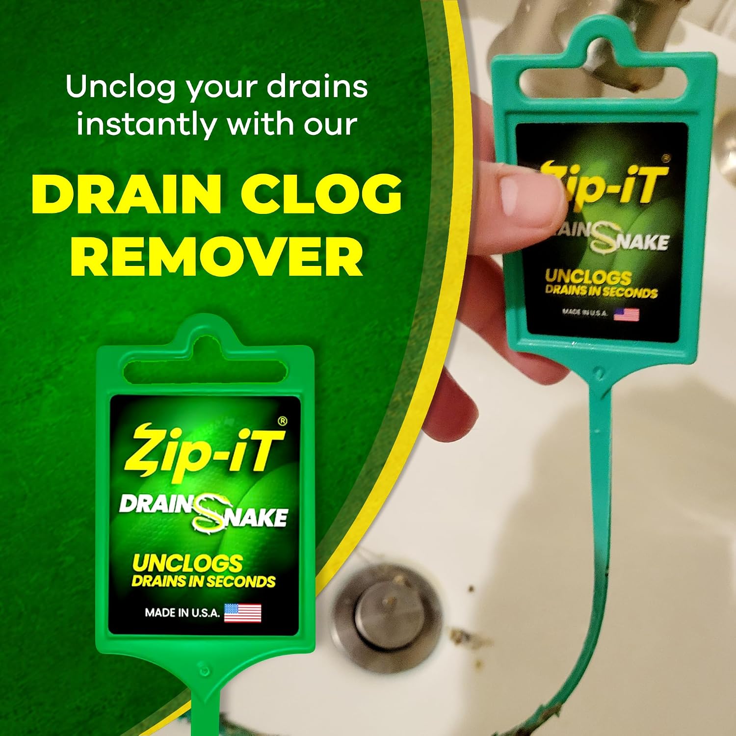The original Zip-It Hair Clog Remover 25-inch Overall Length Drain Snake Cleaner (3-Pack), Unclog Your Sink, Shower, & Tub Drain In Seconds – Non-toxic, Made in the USA