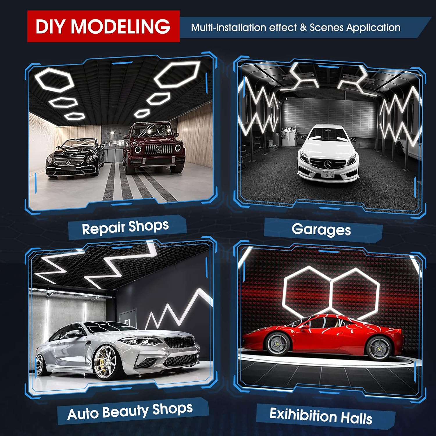 LZHOME LED Hexagon Garage Light: 12700LM Car Detailing Shop Light, DIY Splicing Ceiling & Wall Decor Lights, for Workshop Basement Gym Warehouse Bar Gaming Room
