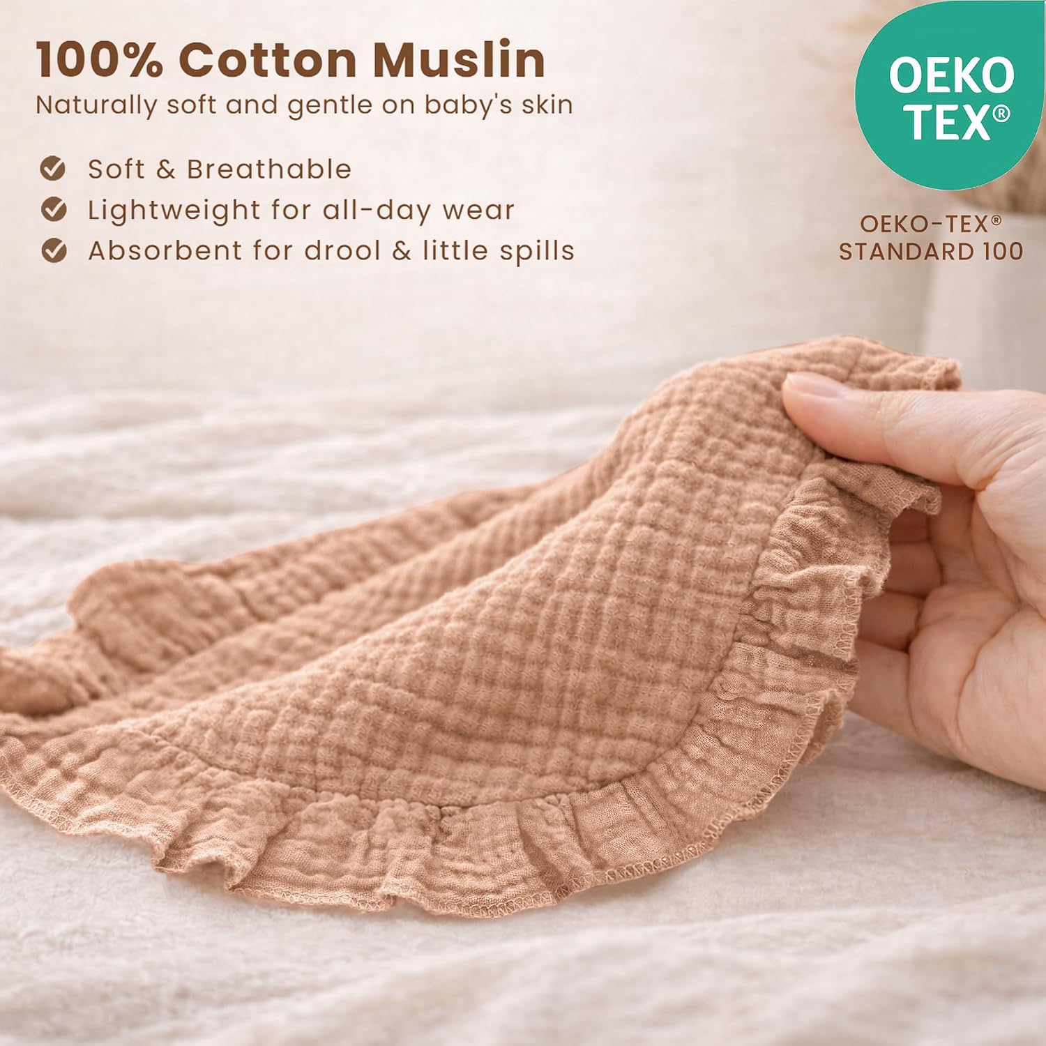 Konssy 3-Pack Muslin Baby Girl Bibs, 100% Cotton with Ruffle Trim