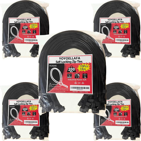 200lb Zip Ties Heavy Duty 18 Inch 350pcs, Large Black Cable Tie, Thick Heat Resistant Zipties, Big Wide Wire Ties, Industrial Tie Wraps for Outdoor Use