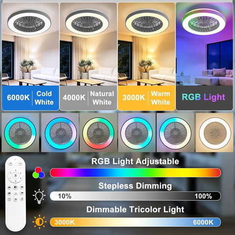 Depuley RGB Ceiling Fan with Light: 19" Enclosed Low Profile Flush Mount