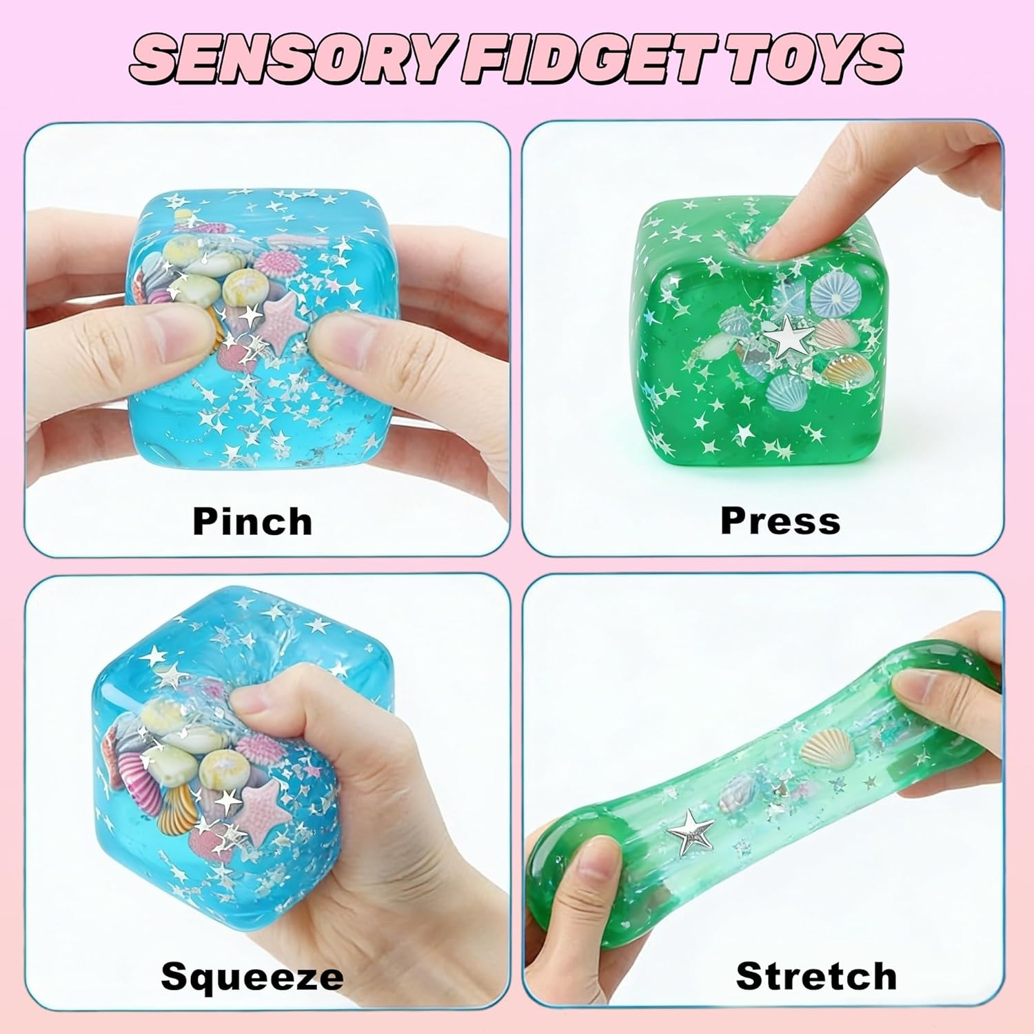 Ice Cube Cube Fidget Toys - Sensory Toys for Adult with Real Sea Shells, Squishy Fidget Toy for ADHD, Anxiety Relief | Non-Toxic Squeeze Ball for Focus & Calm for School, Office