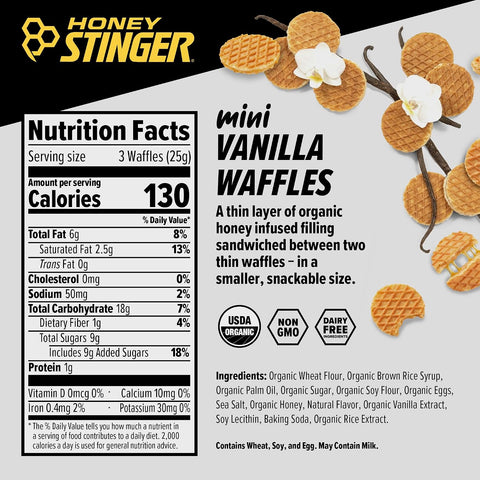 Honey Stinger Organic Mini Vanilla Waffles, Energy Stroopwafel for Exercise, Endurance and Performance, Sports Nutrition for Home & Gym, Pre and Post Workout, 5 Bags, 26.5 Ounces