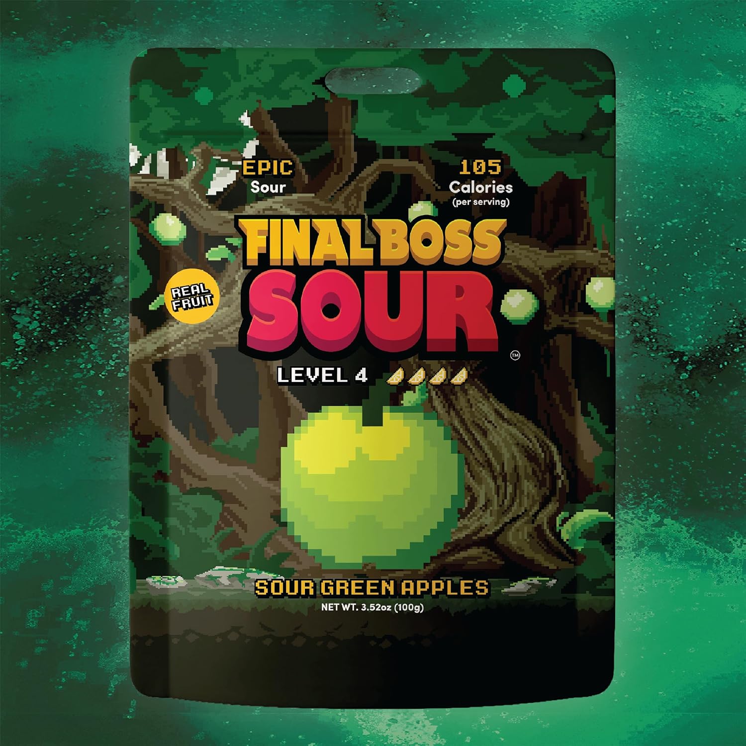 Final Boss Sour Fruit Candy, Green Apple, Level 4, 4 Pack
