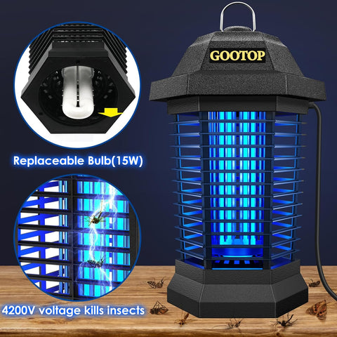 GOOTOP Bug Zapper Outdoor, Mosquito Zapper, 4200V 3 Prong Plug in Electric Fly Zapper, Mosquito Killer, Fly Traps, Flying Insects Zapper Indoor Outdoor, ABS Plastic Outer (Black)