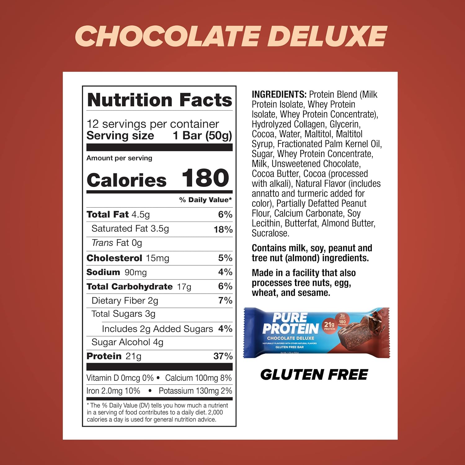 Pure Protein Chocolate Deluxe Protein Bars, 21g Protein, Gluten Free, 12 Ct
