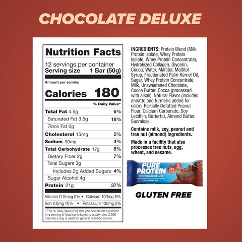 Pure Protein Chocolate Deluxe Protein Bars, 21g Protein, Gluten Free, 12 Ct