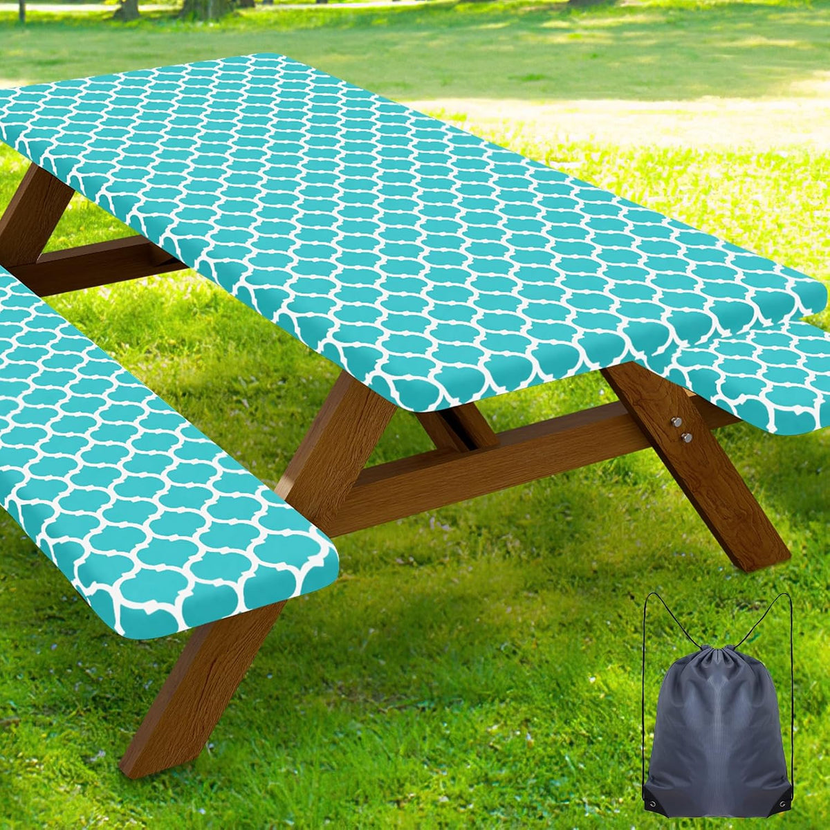 Smiry Picnic Table Cover with Bench Covers, Waterproof Elastic Fitted Tablecloth for 5 Foot Tables, Washable Polyester Tablecloths for Camping, Indoor & Outdoor (Teal, 30x60 Inch 3-pc Set)