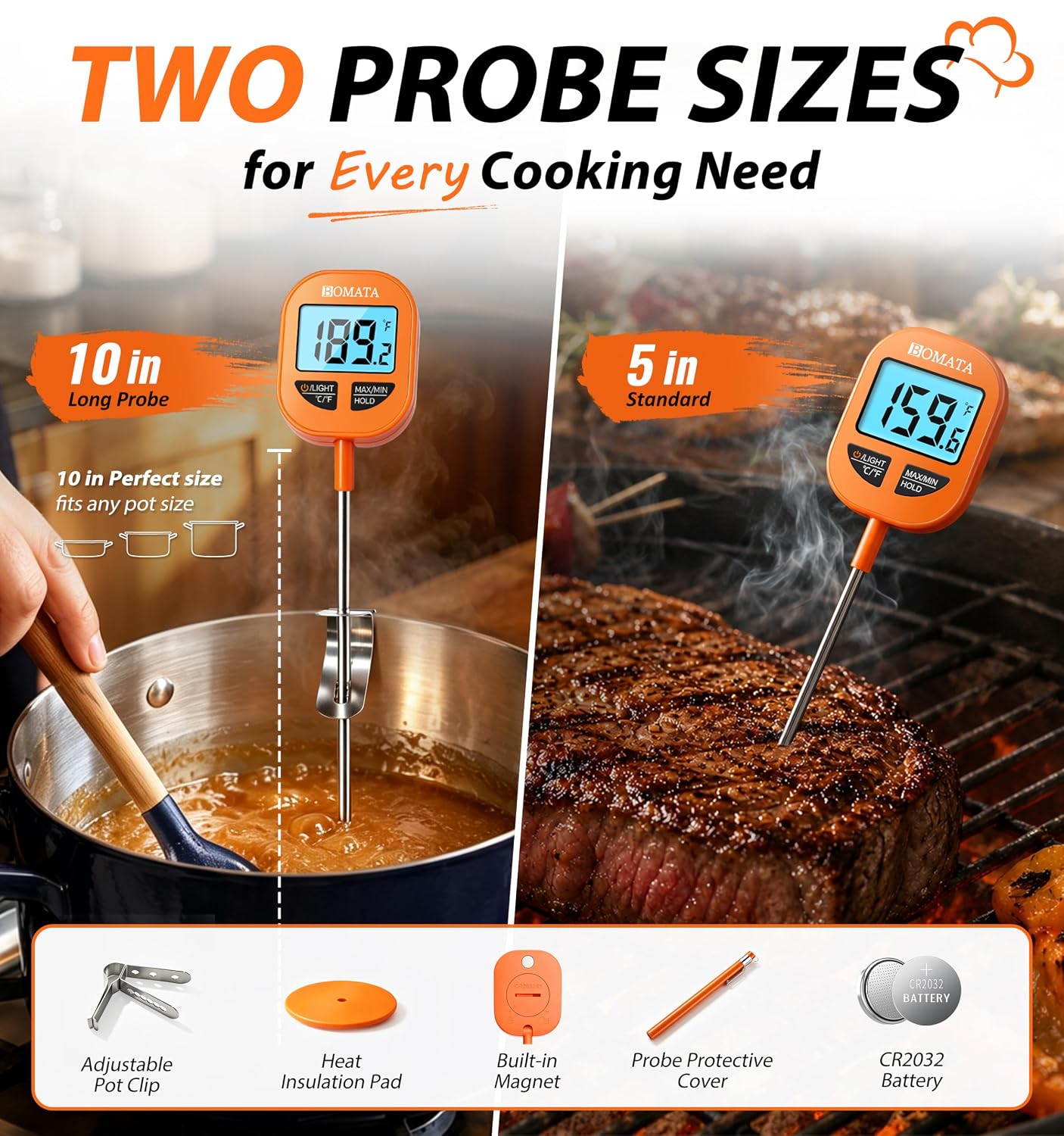 BOMATA Digital Meat & Candy Thermometer 2 Pack, Include 10" & 5" Probes