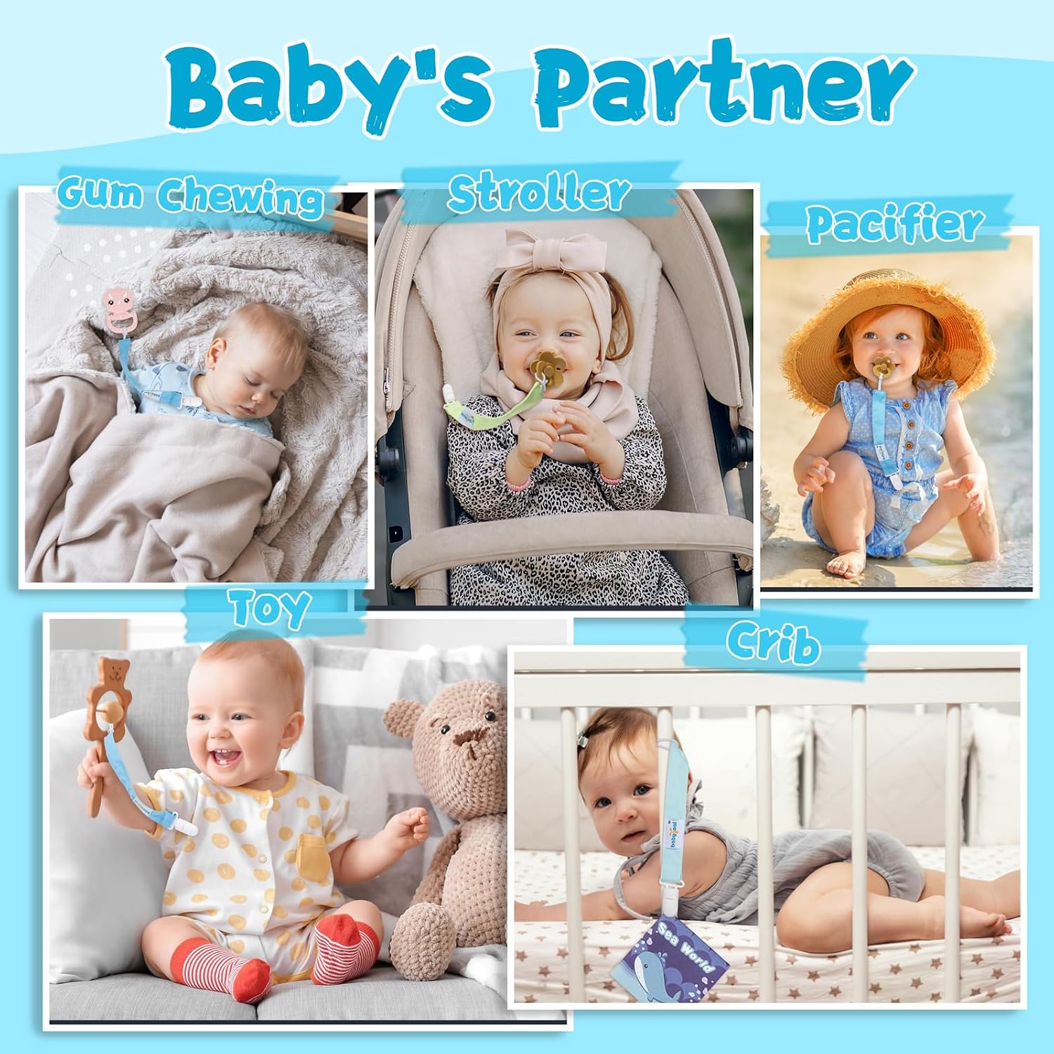 babygoal Ocean Blue Pacifier Clips, 6 Pack Binky Paci Holder Clips Leashes Fits for Most Baby Pacifiers and Binkies