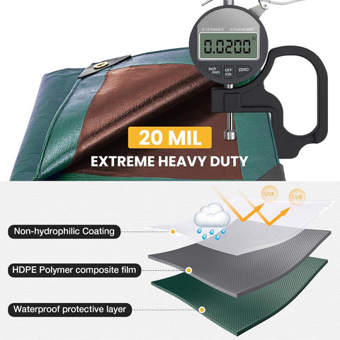 Winpull Tarp 10x20FT, 20 Mil Thinked Tarps Heavy Duty Waterproof, Multipurpose Poly Tarp Cover for Outdoor Camping Pool Car Tent, Green/Brown Tarp