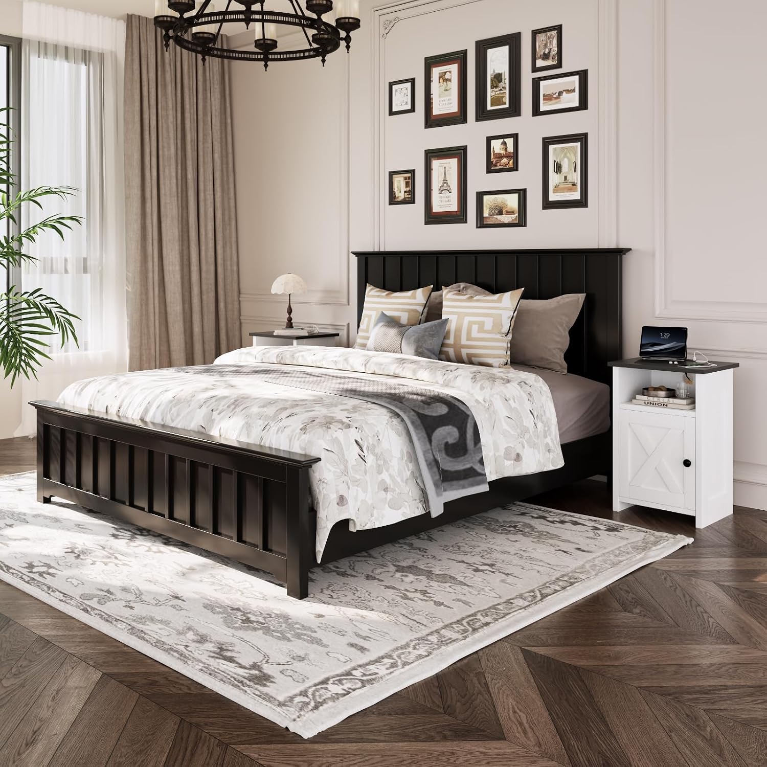Farmhouse End Table Set of 2 w/Charging Station, Nightstands w/Barn Door&Storage Shelf, Rustic Bedside Table for Living Room, Bedroom, Entryway, Office, Small Spaces, White