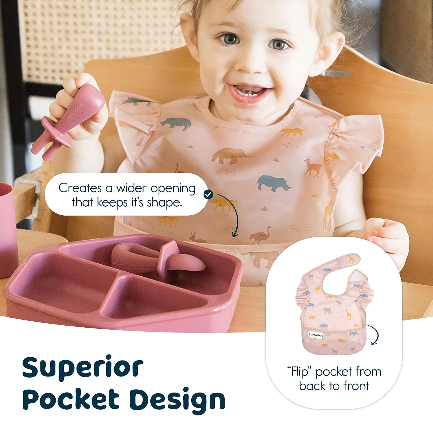 Tiny Twinkle Mess-Proof Baby Bibs for Eating | Waterproof, Wipeable Toddler Bibs with Catch-All Pocket | Feeding Bibs for Girls & Boys(3 Pack,Petite Safari)