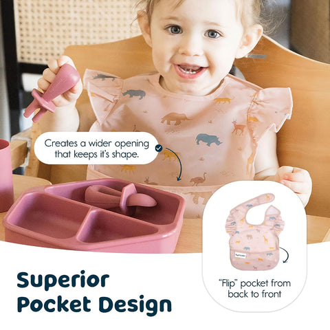 Tiny Twinkle Mess-Proof Baby Bibs for Eating | Waterproof, Wipeable Toddler Bibs with Catch-All Pocket | Feeding Bibs for Girls & Boys(3 Pack,Petite Safari)