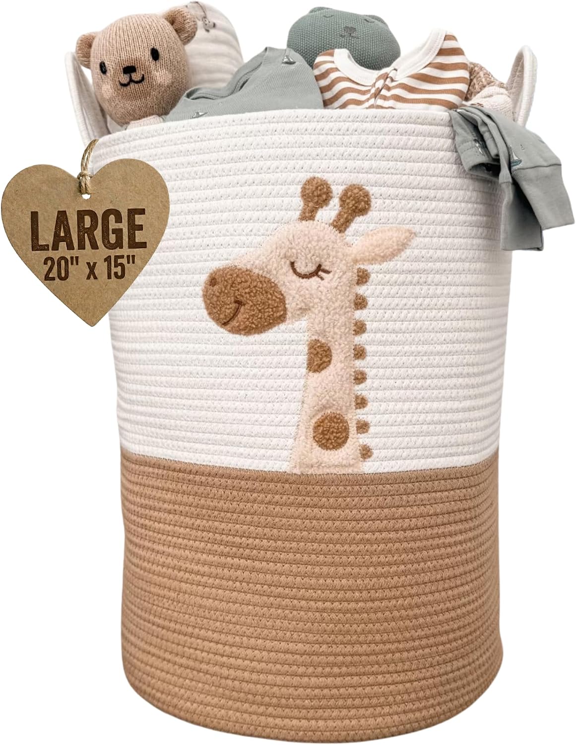 Giraffe Baby Laundry Basket, Tall Woven Rope Nursery Hamper, 20x15 in