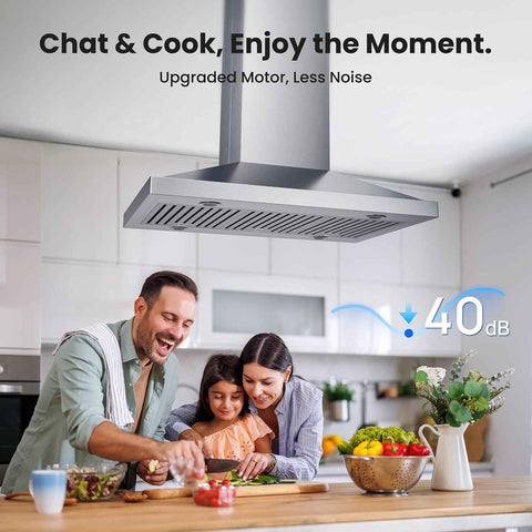 VIKIO HOME Island Range Hood 36 Inch, 390 CFM kitchen Hood with Touch/Gesture, Ceiling Mount, Convertible Ducted/Ductless, 3-Speed Fan, 3 Stainless Steel Baffle Filters