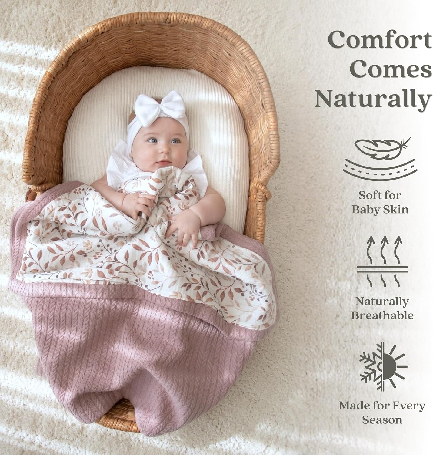 Mouliss Muslin Baby Blanket, Cable Knit, 41x30 in, Dusty Rose Leaves