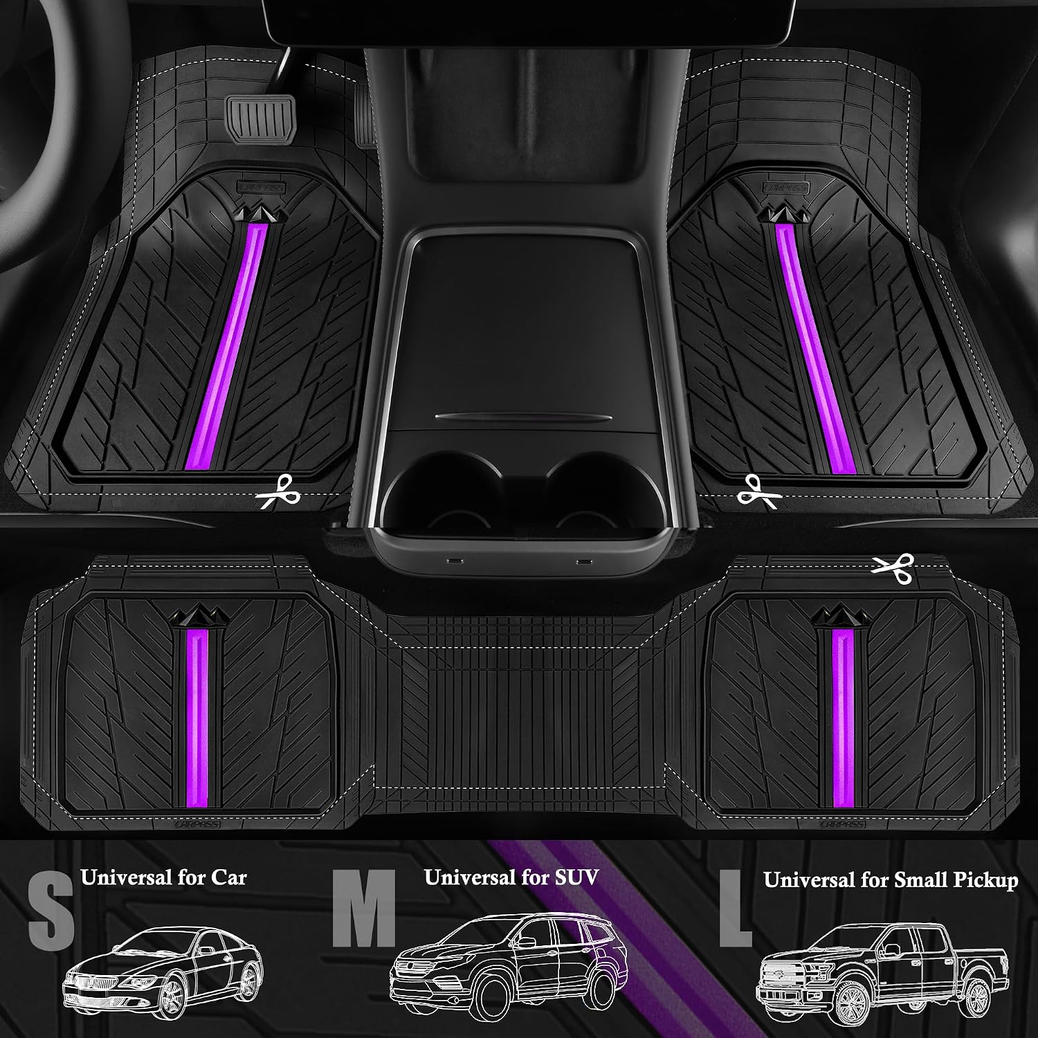 CAR PASS Rubber Floor Mats for Cars, Car Mats Full Sets DeepDish,Universal S~L Size Trim-to Fit Automotive Floor Mat for Truck Van SUV, Heavy Duty Waterproof All-Weather Floor Liners Black Purple