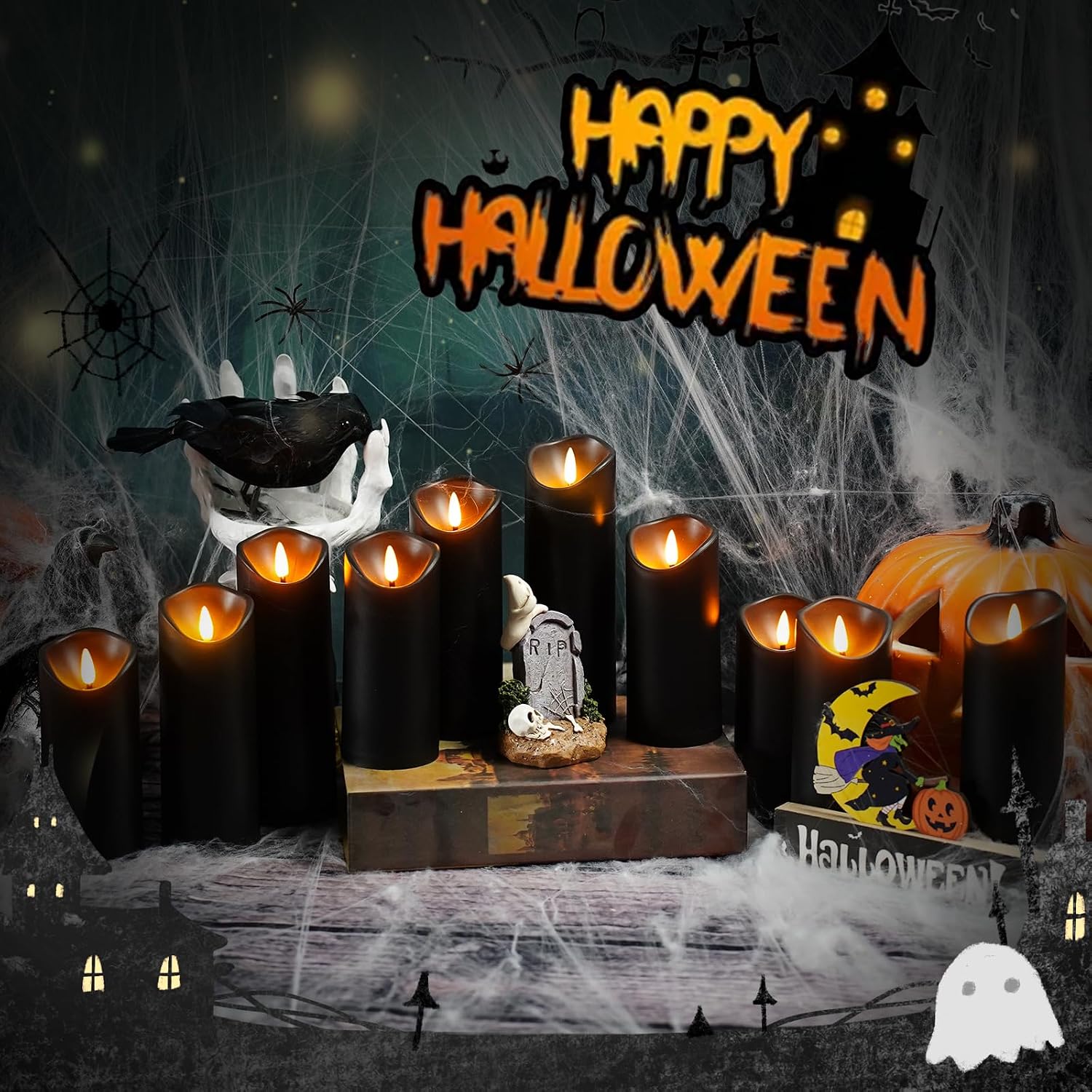 Nimiko Flameless Candles with Remote, Battery Operated Flickering Flameless Candles, LED Candles with Timer 2/4/6/8H, with Realistic LED Candles Set of 12 (D2.2 x H 5" 6" 7") (Black)