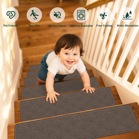 Stair Treads Non-Slip for Wooden Steps, 4Pack - 8" x 30" Edging Stair Runner Indoor for Kids Elders & Pets, Washable Carpet Stair Treads with Peel & Stick Reusable TPE Backing, Brown