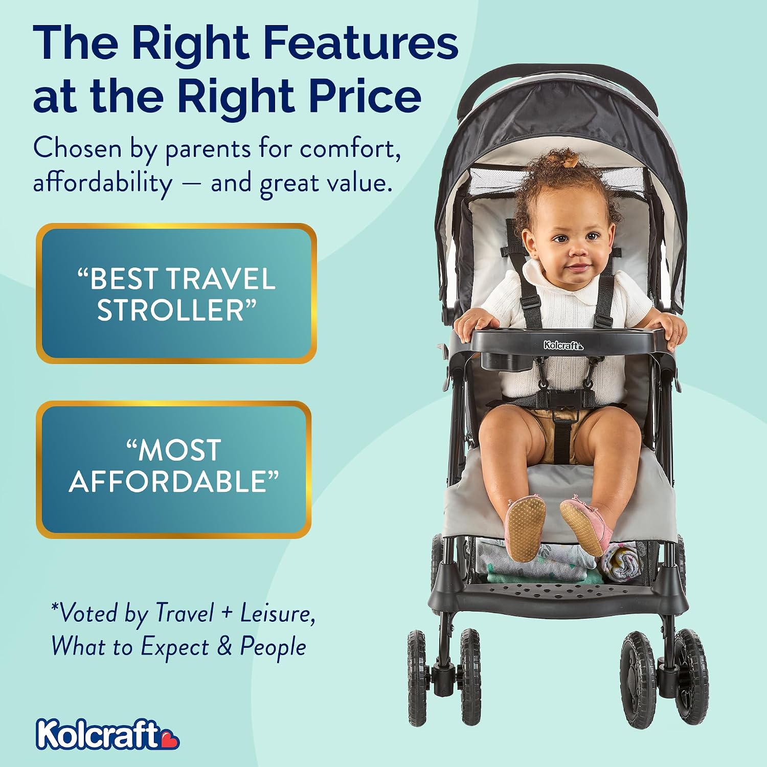 Kolcraft Cloud Plus Lightweight Umbrella Stroller for Toddlers with Reclining Seat, Large Storage Basket, Canopy, Infant & Parent Trays, Compact Fold for Summer Travel, Durable Frame, Slate Gray