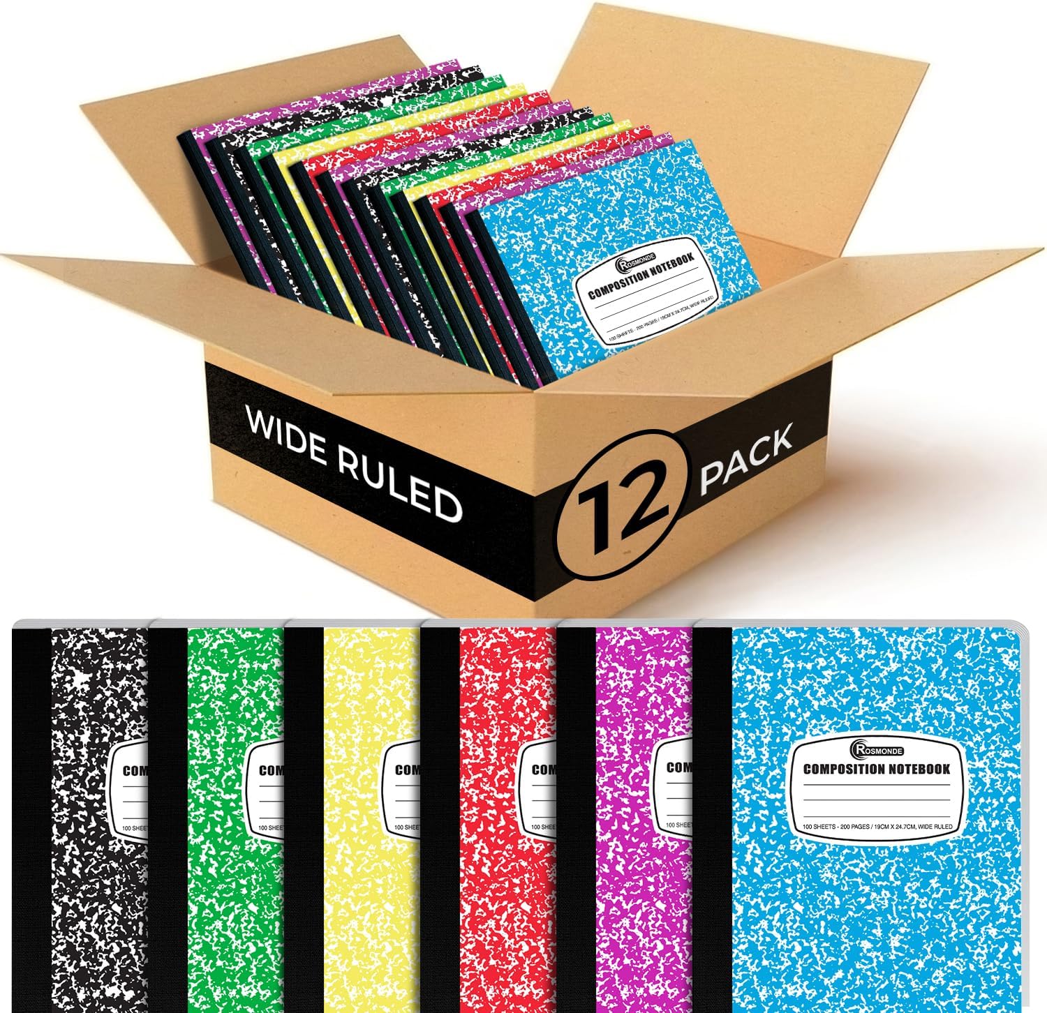 Rosmonde 12 Pack Bulk Composition Notebook Wide Ruled, Assorted Colors