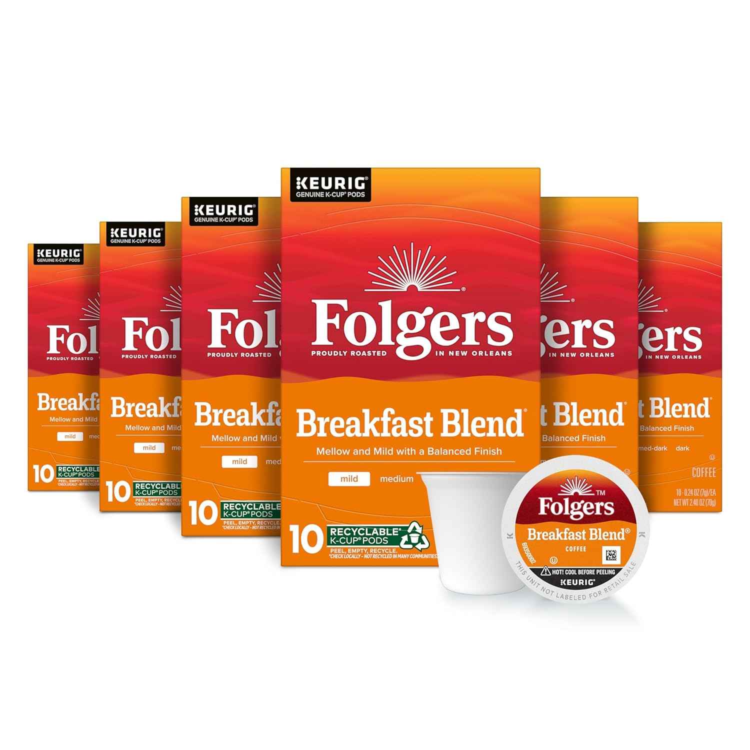 Folgers Breakfast Blend Coffee, Mild Roast, Keurig K-Cup Pods, 60 Count | 6 (10 count) boxes, Compatible with Keurig coffee makers
