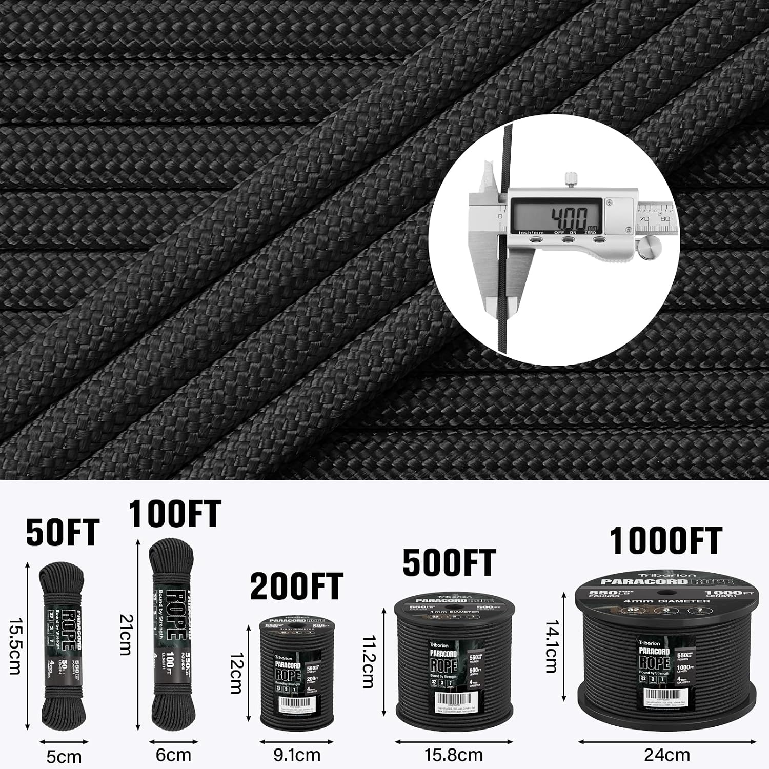 Paracord Rope 550 lb - 100ft 5/32" Parachute Cord 4MM 7-Strand para Cord - Heavy Duty Spool String for Survival,Camping Gear, Survival Bracelet, Clothesline - Black