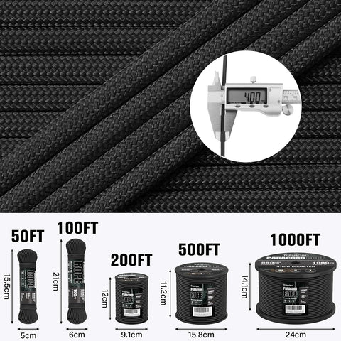 Paracord Rope 550 lb - 100ft 5/32" Parachute Cord 4MM 7-Strand para Cord - Heavy Duty Spool String for Survival,Camping Gear, Survival Bracelet, Clothesline - Black