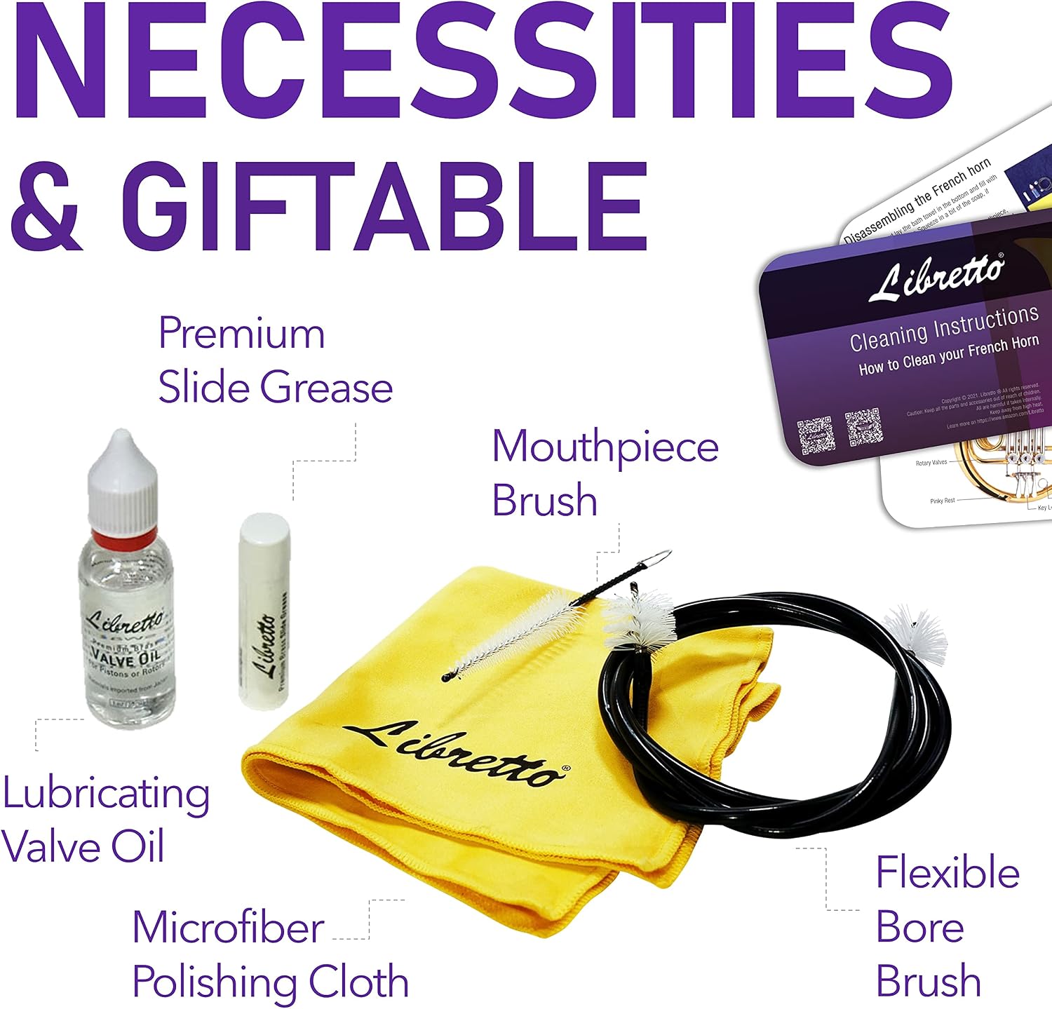 Libretto French Horn ALL-INCLUSIVE Cleaning & Care Kit with Instructions: Valve Oil + Slide Grease + Cleaning Cloth + Mouthpiece & Bore Brushes, Giftable Handy Case. Clean & Extend Life of your Horn