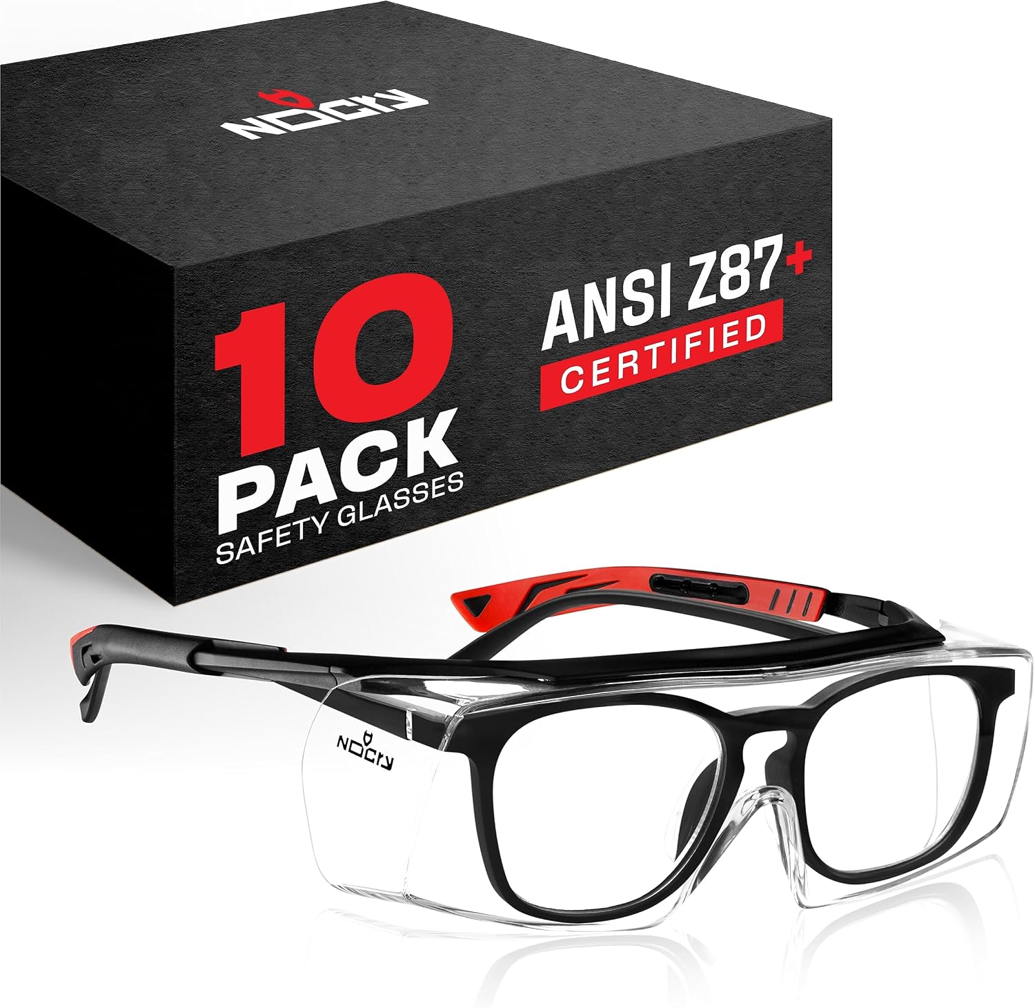 NoCry Safety Glasses Over Eyeglasses for Men and Women with Anti Scratch Lenses and Integrated Side Shields — Adjustable Temples with Anti-Slip Tips — 100% UV Protective Eyewear — ANSI Z87 (10-pack)