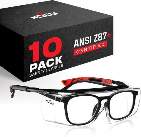 NoCry Safety Glasses Over Eyeglasses for Men and Women with Anti Scratch Lenses and Integrated Side Shields — Adjustable Temples with Anti-Slip Tips — 100% UV Protective Eyewear — ANSI Z87 (10-pack)