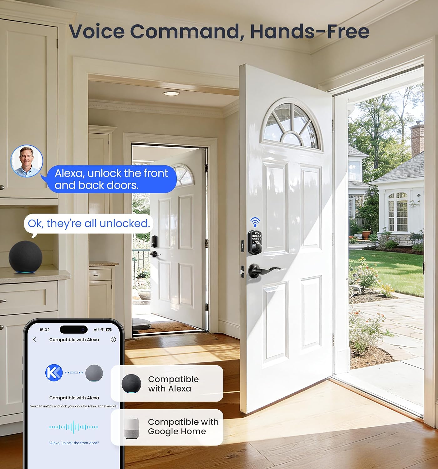 Veise VE012W-B Smart Wi-Fi Deadbolt Lock with Handle Set, Matte Black