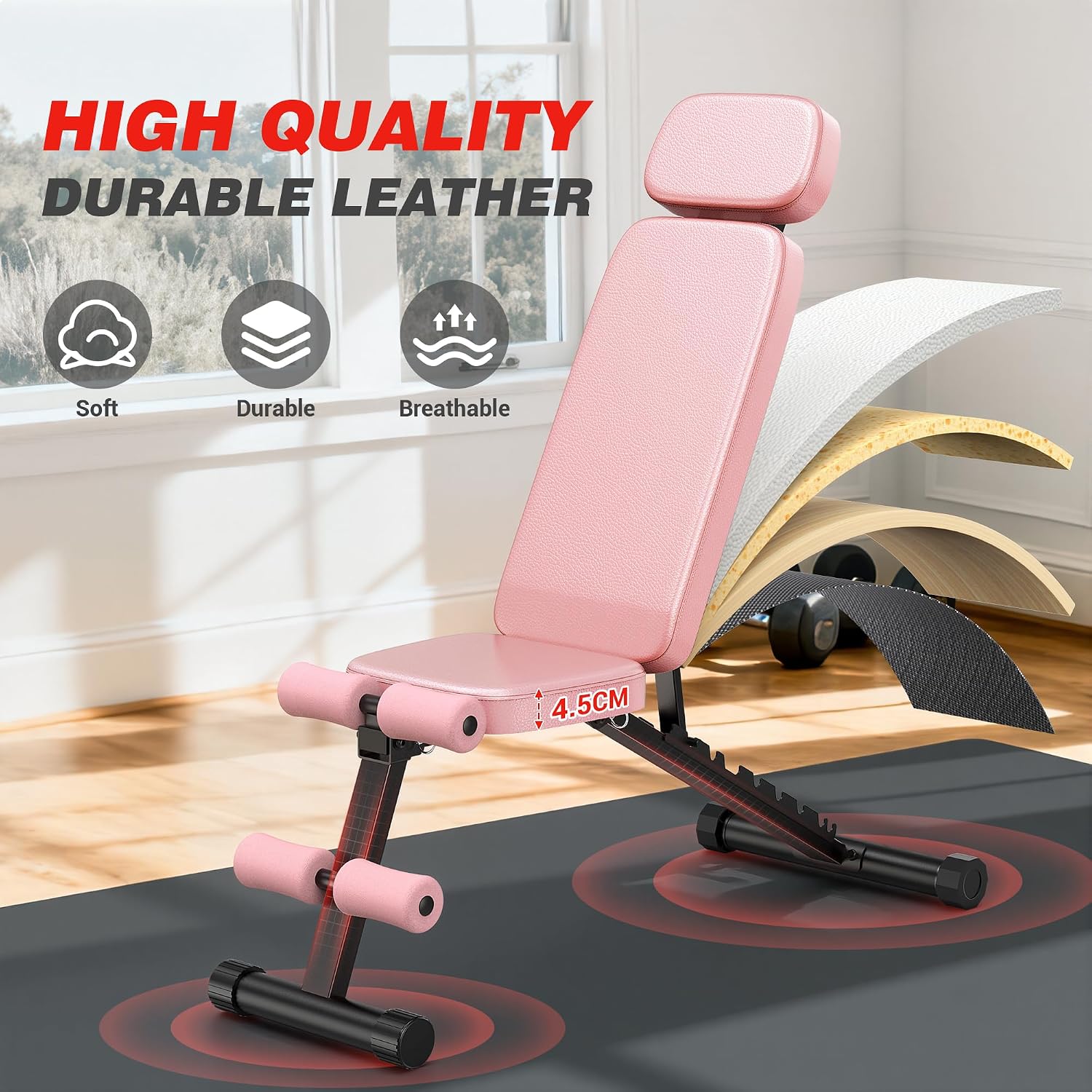 XDDIAS Workout Bench, 10 Backrests Adjustable Weight Bench with Extended Headrest, 800LBS Foldable Weight Bench for Home Gym, Incline Decline Flat Bench Compact for Small Space Training