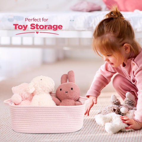 XUANGUO Medium Woven Cotton Rope Storage Basket with Handles, Light Pink