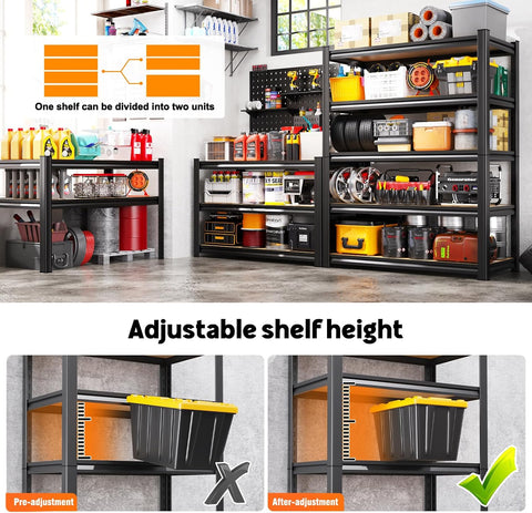 71.2''Heavy Duty Storage Shelves, 5-Tier Garage Shelving,Adjustable Metal Shelving Unit,5T Tall Garage Shelves,Metal Standing Shelf Units, Utility Rack for Kitchen Warehouse Industrial 71.2*45.6*17.7