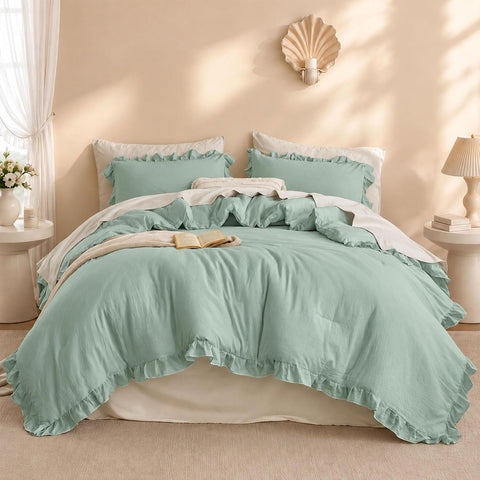 JANZAA Sage Green Comforter Set Twin, Ruffle Soft Bedding