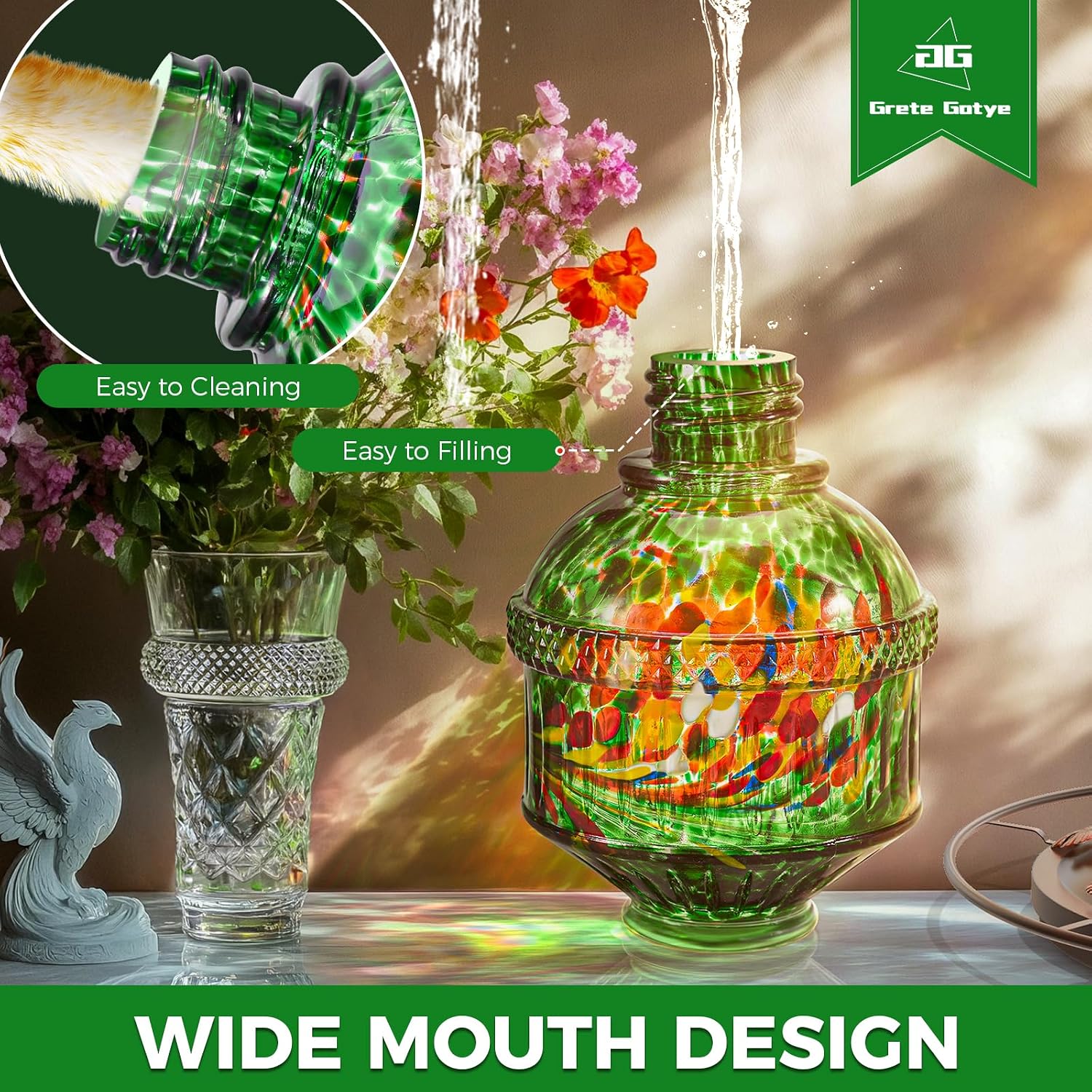 Hand Blown Glass Hummingbird Feeders for Outdoors, 25 Ounces Wild Bird Nectar Feeder with Perch & 5 Flower Feeding Ports Leak Proof Hanging for Garden Backyard Decor, Gifts for Women Mom, Green