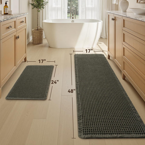 Upgraded Waffle Bath Mat Set of 2 Absorbent Bathroom Mat 17"x24" + 17"x48"